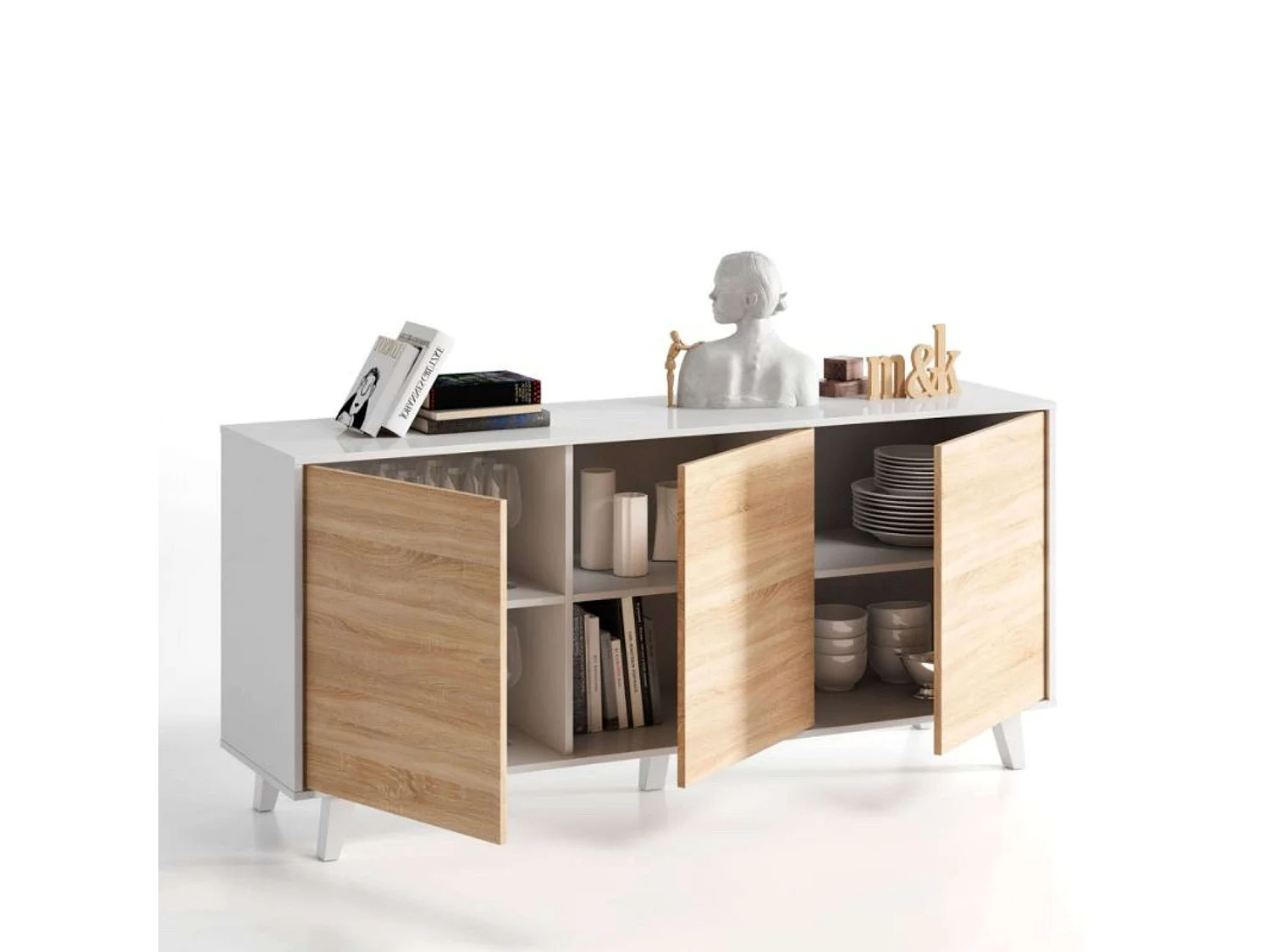 Kit 3 Muebles Salón Blanco Zaiken y Roble Canadian (TV, centro, aparador)