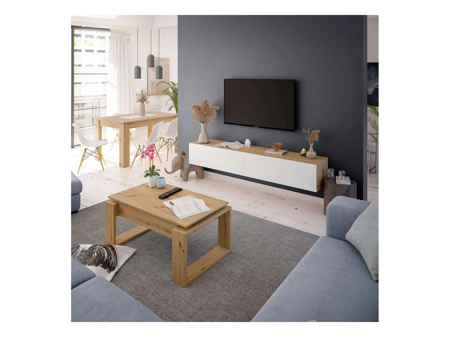 Pack Muebles Salón Moderno Roble Nodi y Blanco Artik Completo