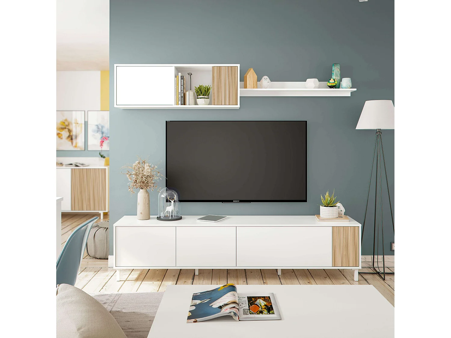 Pack Muebles Salón Moderno Ethna Blanco Mate y Natur