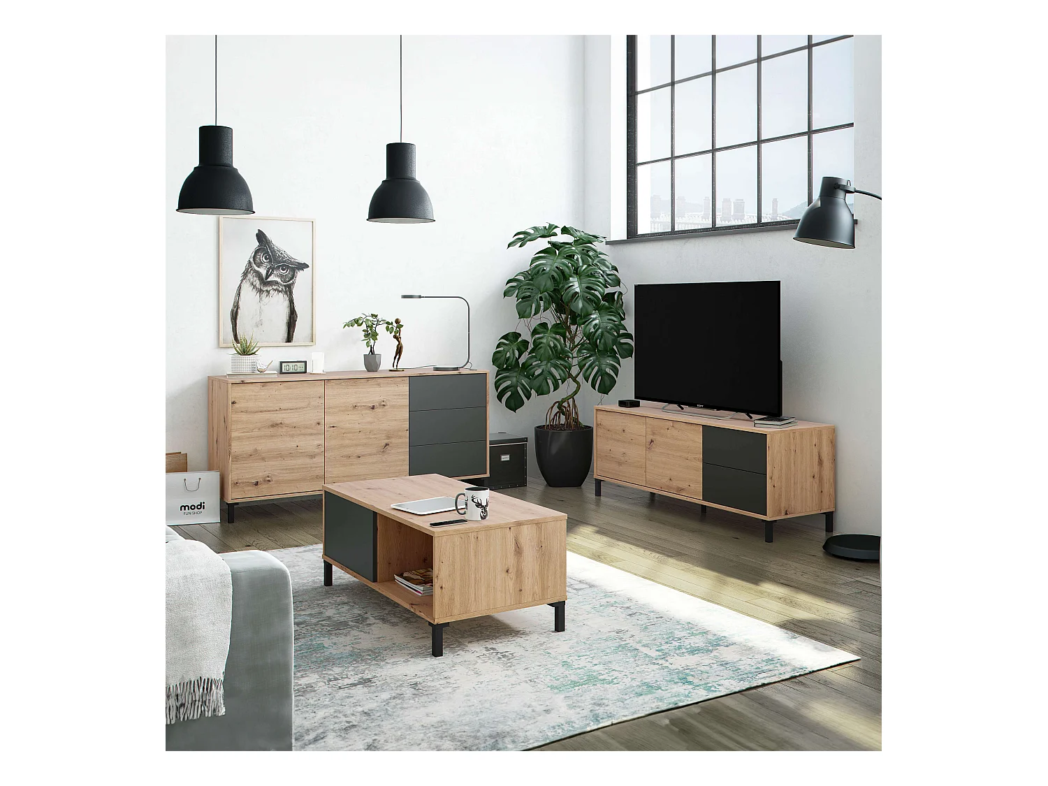 Pack 3 muebles salón Roble Nodi y Gris Antracita