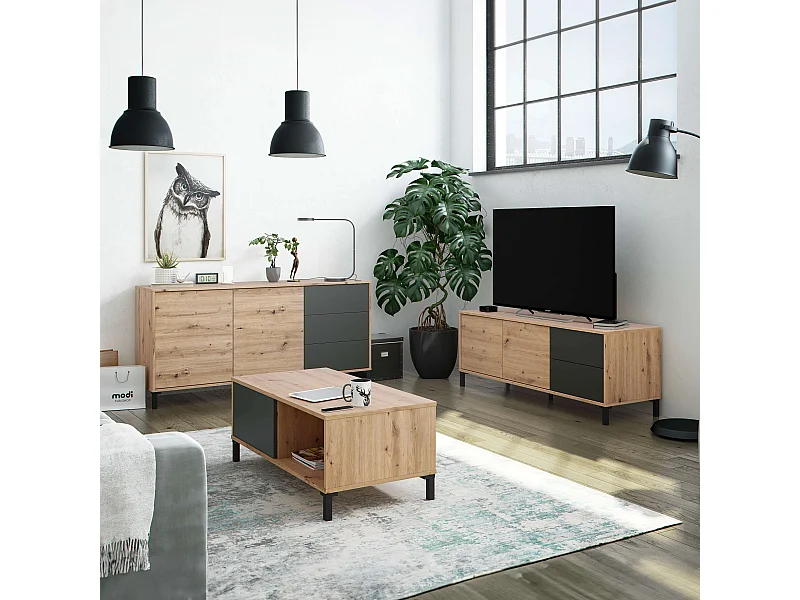Pack 3 muebles salón Roble Nodi y Gris Antracita