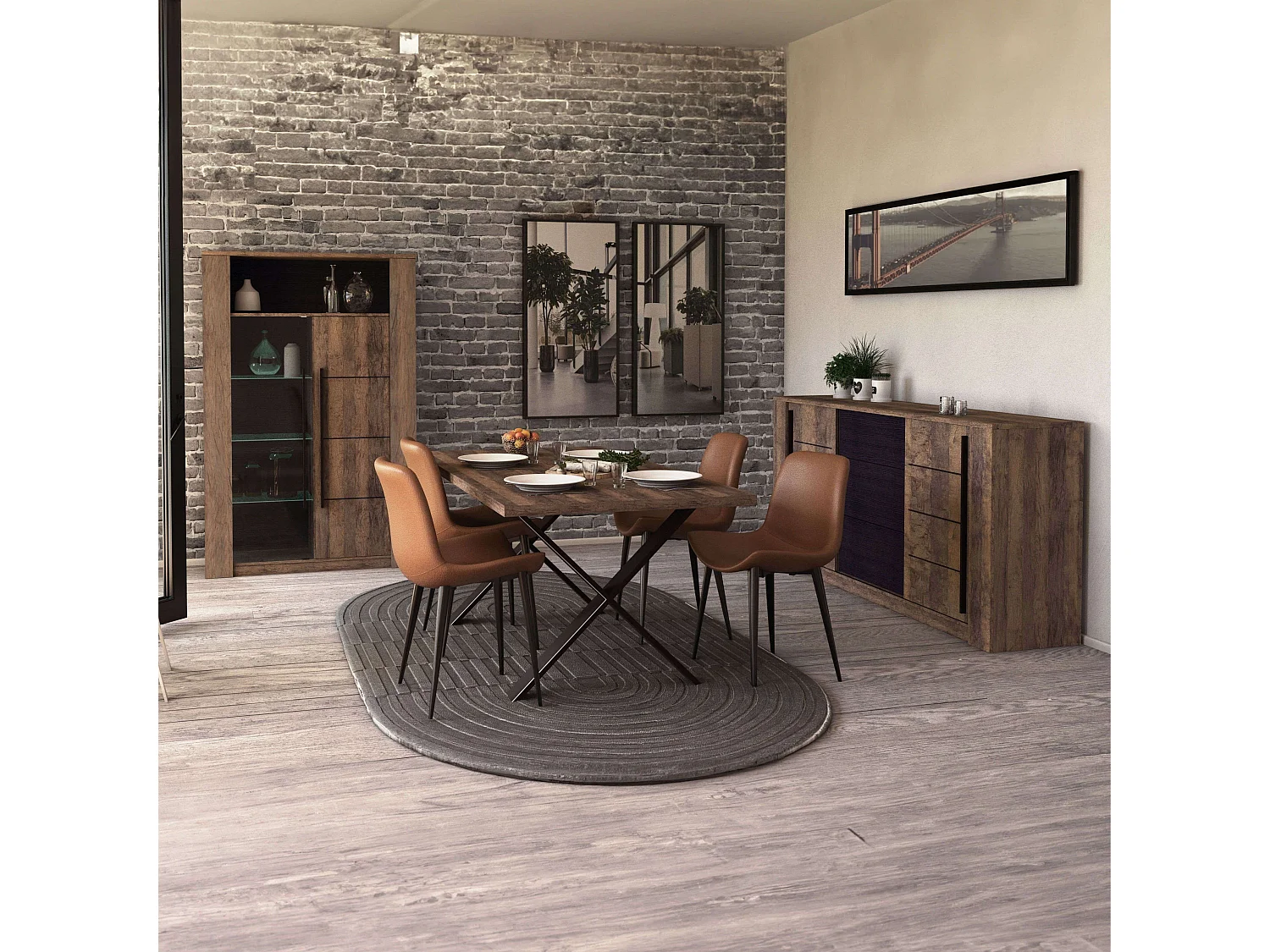 Pack Muebles Ind. Salón Mónaco Roble Osc. y Negro