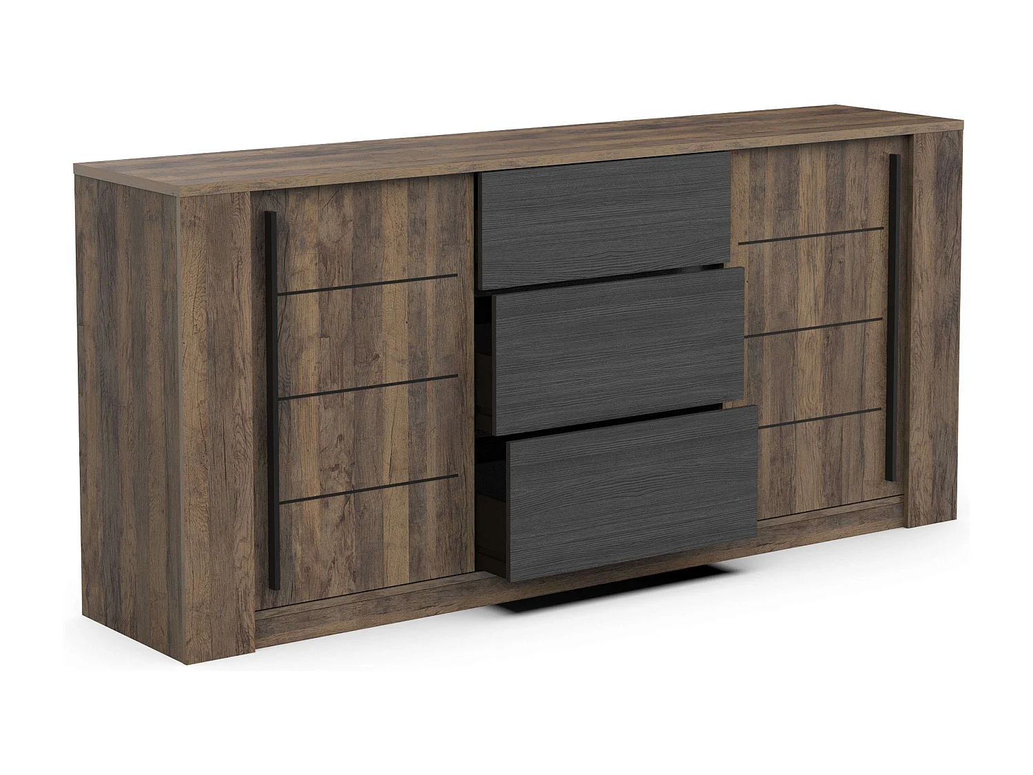 Pack Muebles Ind. Salón Mónaco Roble Osc. y Negro