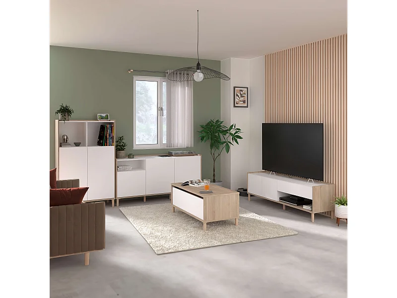 Pack Muebles Salón Azzaro Mueble TV, Mesa Centro 2 Aparadores Roble Blanco