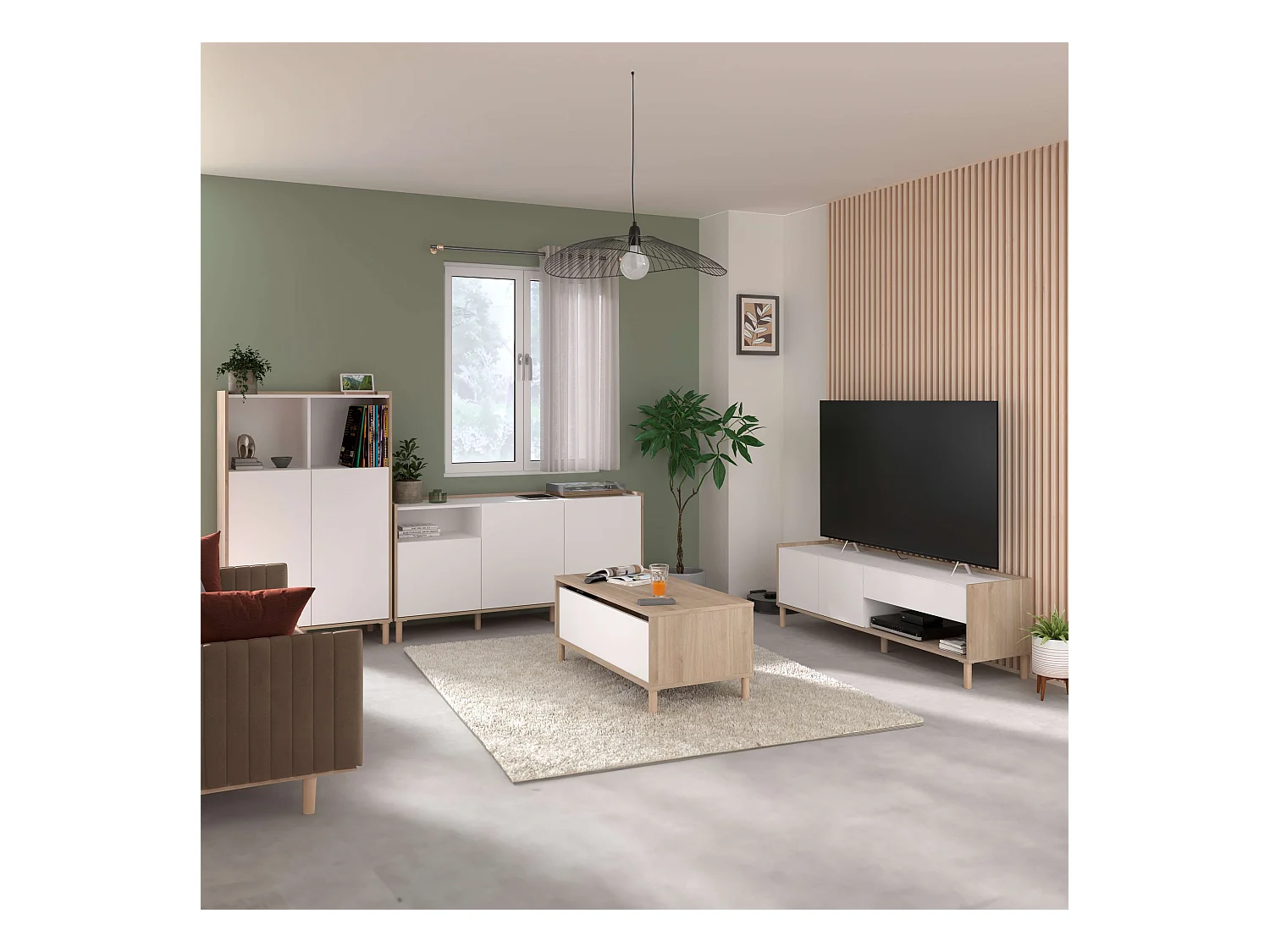 Pack Muebles Salón Azzaro Mueble TV, Mesa Centro 2 Aparadores Roble Blanco
