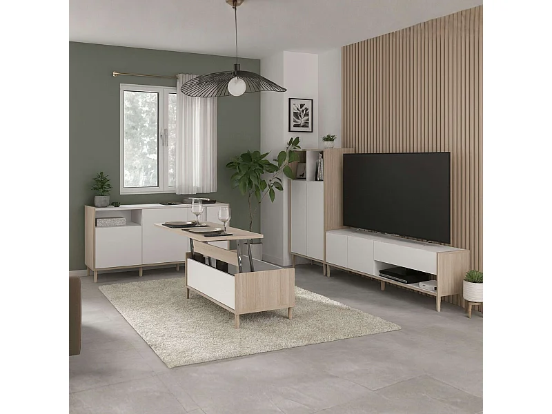 Pack Muebles Salón Azzaro Mueble TV, Mesa Centro 2 Aparadores Roble Blanco