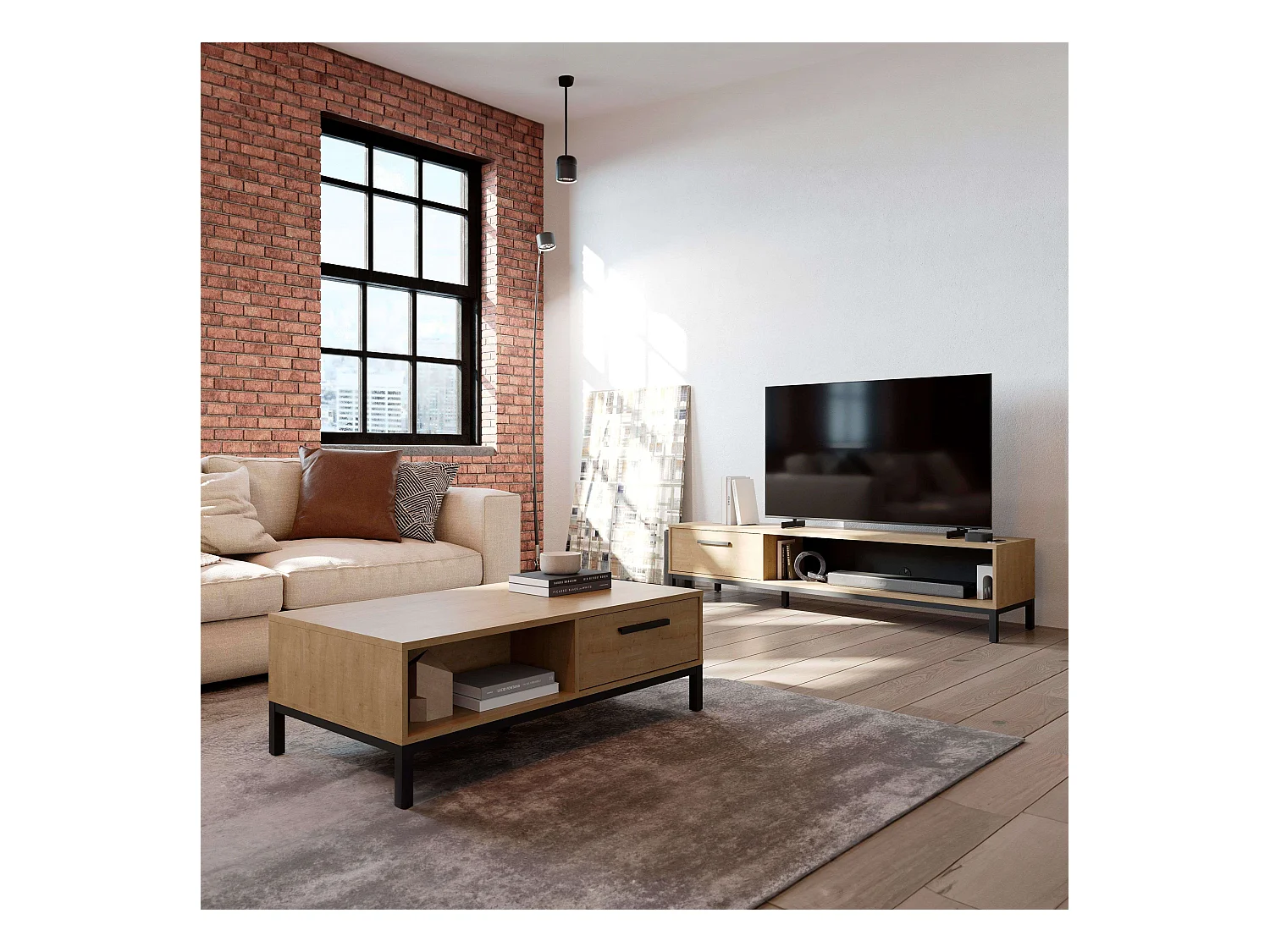 Pack Muebles Salón Roble Hamilton/Negro Mesa Centro TV 1 Cajón
