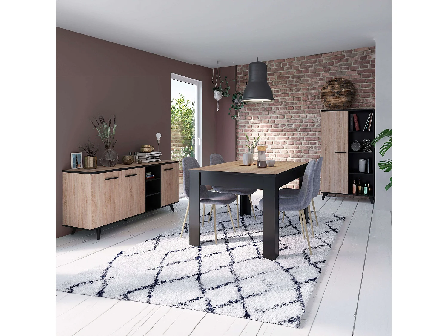 Pack Muebles Salón Comedor Wayne Roble/Negro (mesa + Aparador + Librería)