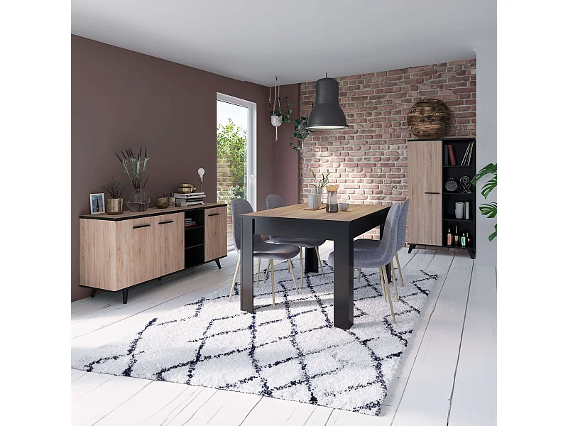 Pack Muebles Salón Comedor Wayne Roble/Negro (mesa + Aparador + Librería)