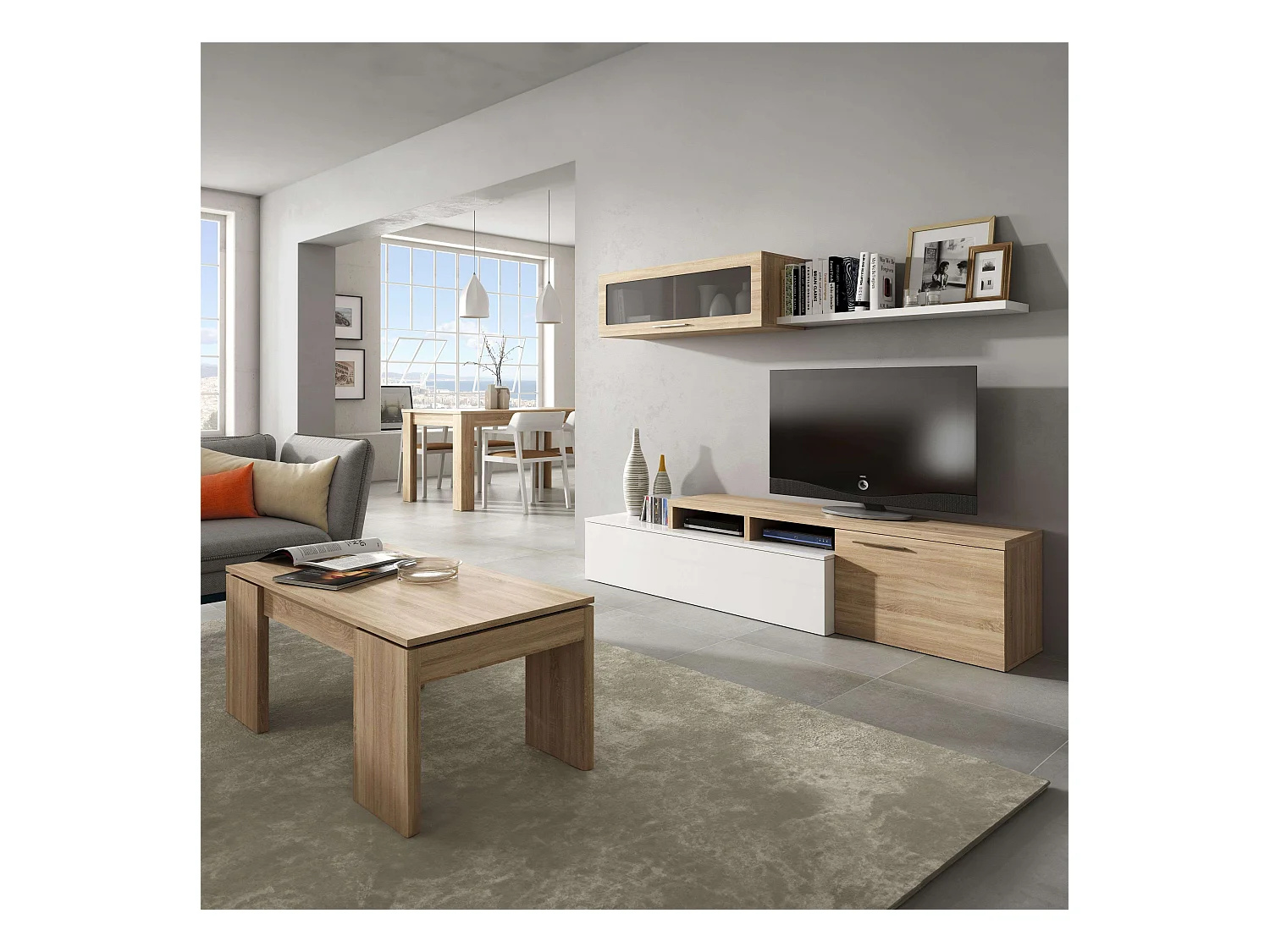 Pack salón Completo Nexus Roble Canadian y Blanco Brillo