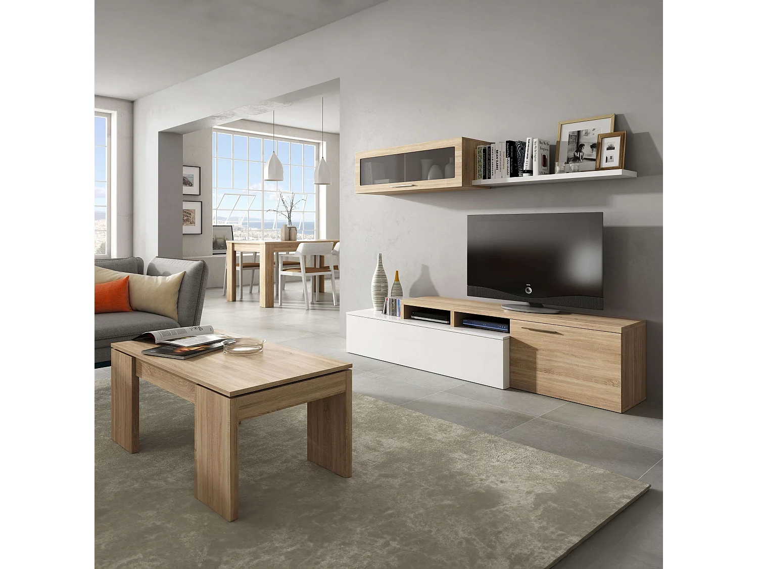 Pack salón Completo Nexus Roble Canadian y Blanco Brillo