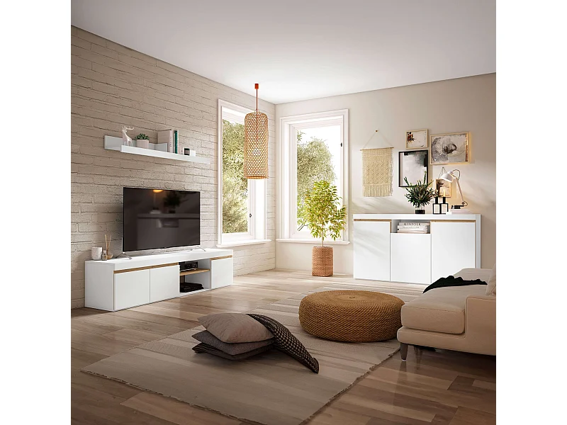 Pack Muebles Salón Comedor Elis Nórdico Blanco Natural con TV y Aparador