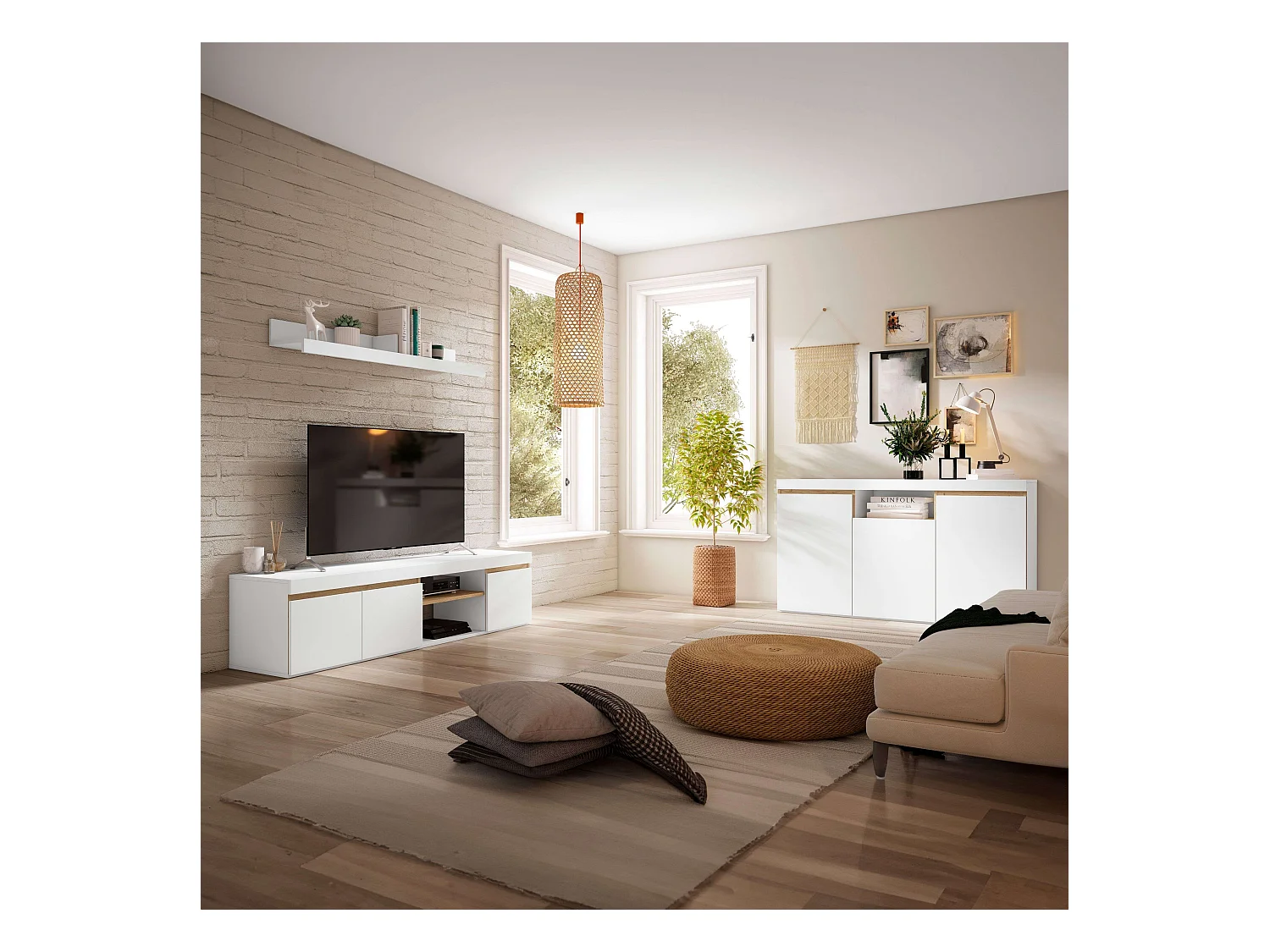 Pack Muebles Salón Comedor Elis Nórdico Blanco Natural con TV y Aparador