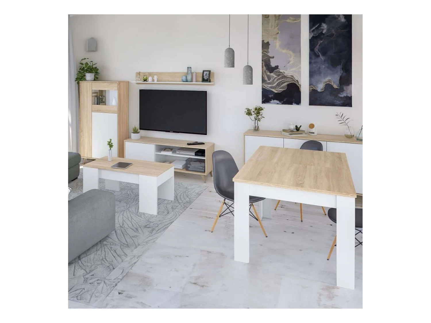 Pack Muebles Salón Nórdico Blanco Roble: TV, Aparador, Vitrina, Mesas