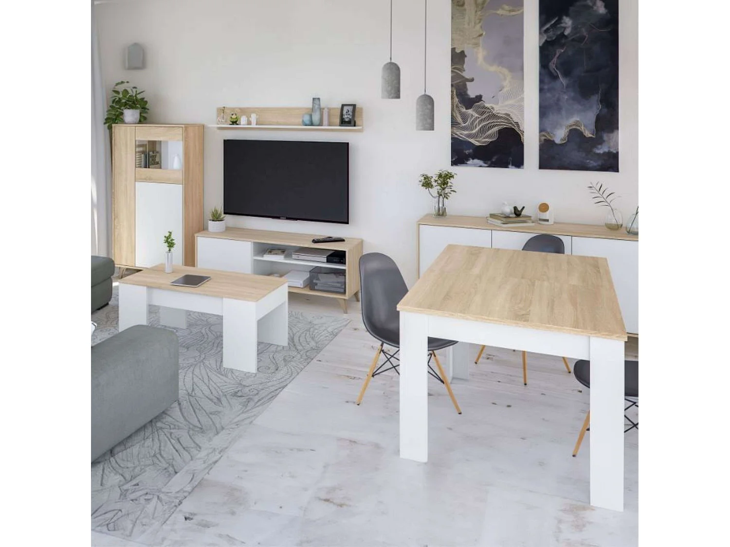 Pack Muebles Salón Nórdico Blanco Roble: TV, Aparador, Vitrina, Mesas