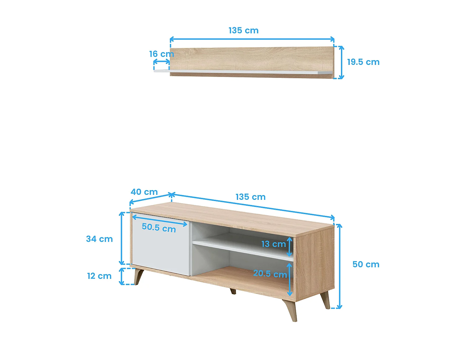 Pack Muebles Salón Nórdico Blanco Roble: TV, Aparador, Vitrina, Mesas
