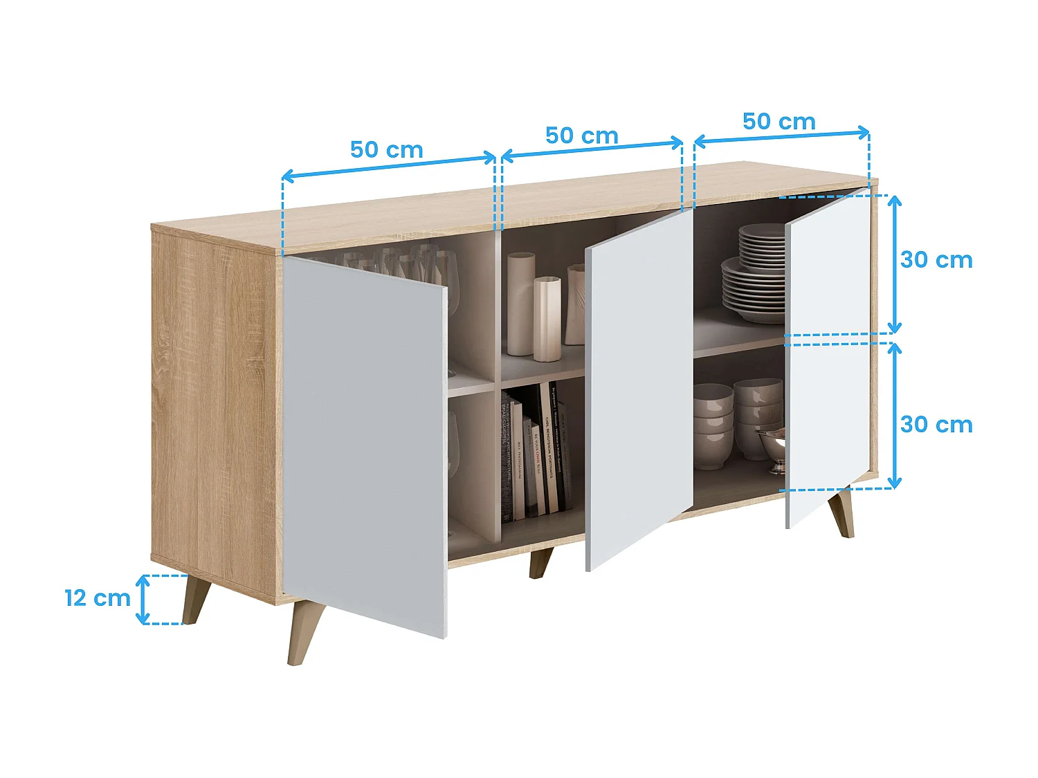 Pack Muebles Salón Nórdico Blanco Roble: TV, Aparador, Vitrina, Mesas