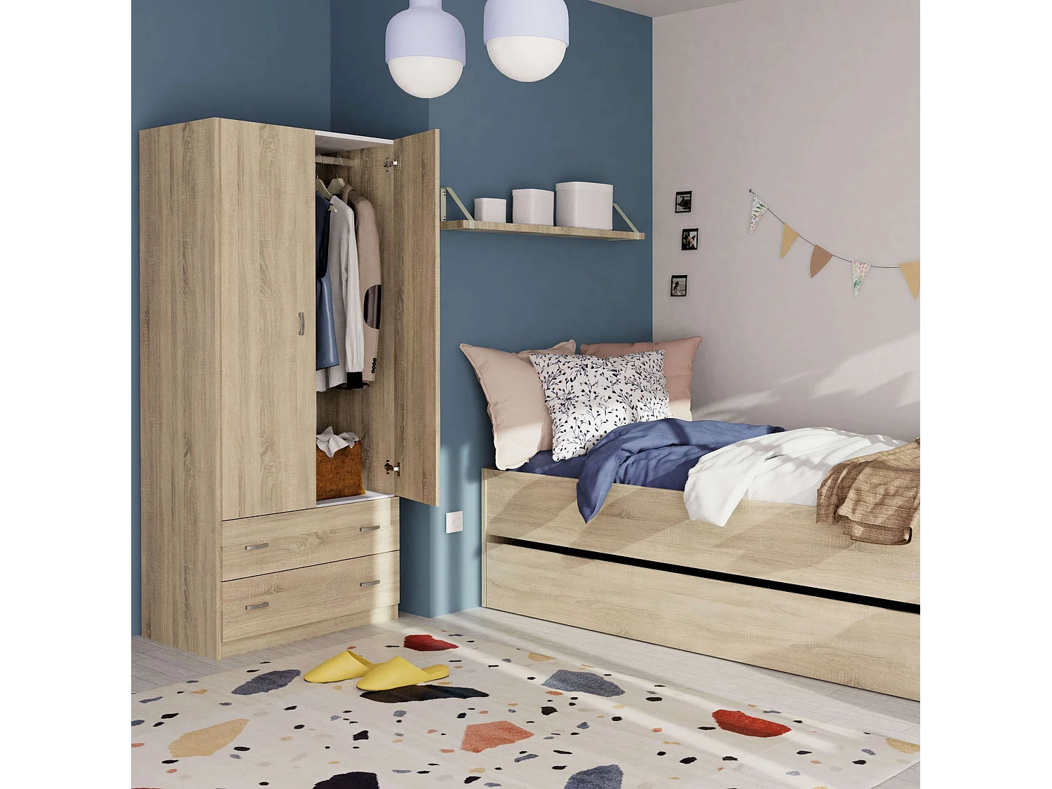 Armario Juvenil Turín 2 Blanco Brillo o Roble Cambrian 74x180 cm