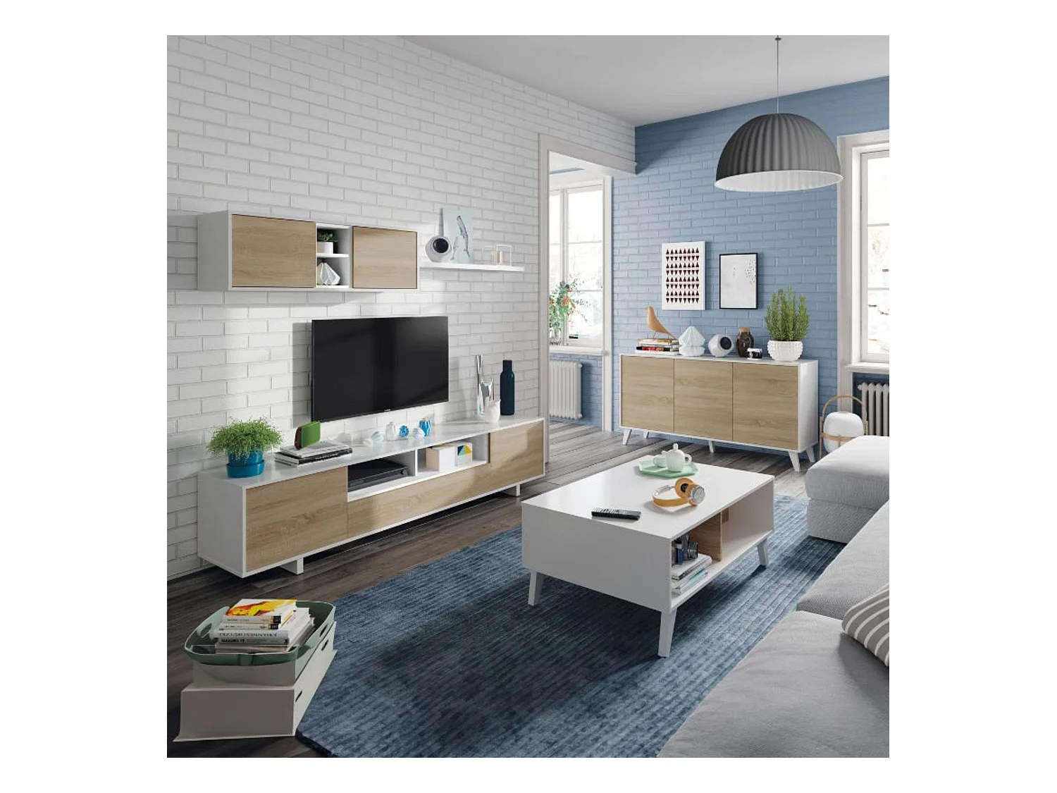 Conjunto Salón Comedor Mueble TV Modular Mesa Centro Elevable Aparador