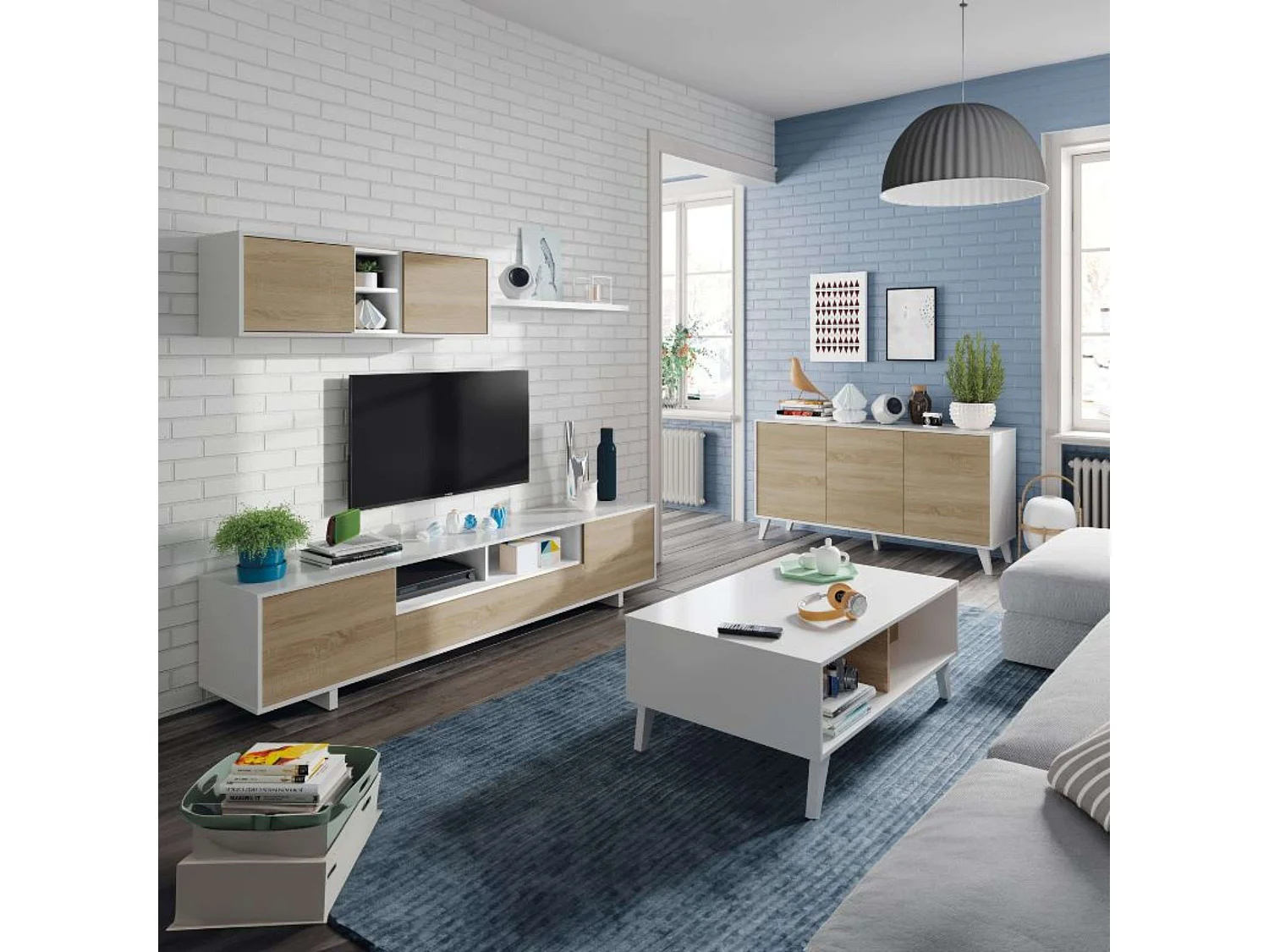 Conjunto Salón Comedor Mueble TV Modular Mesa Centro Elevable Aparador