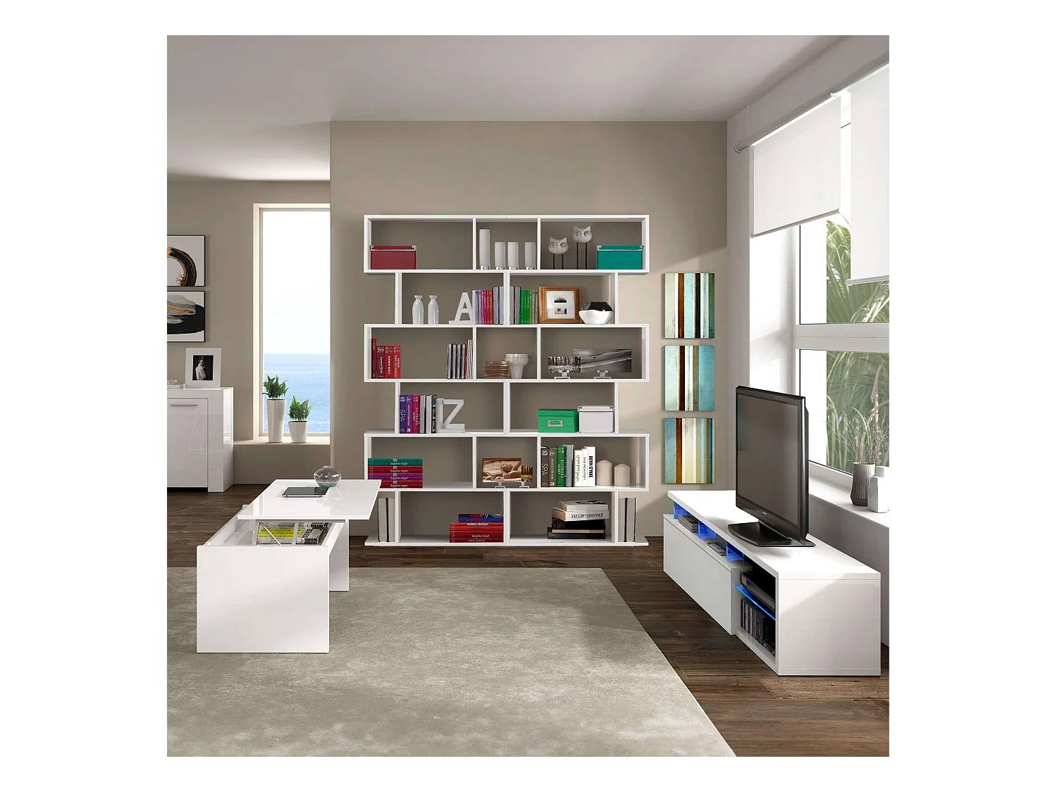 Pack Muebles Salón Santorini: Mesa TV, 2 Estanterías, Mesa Centro Elevable