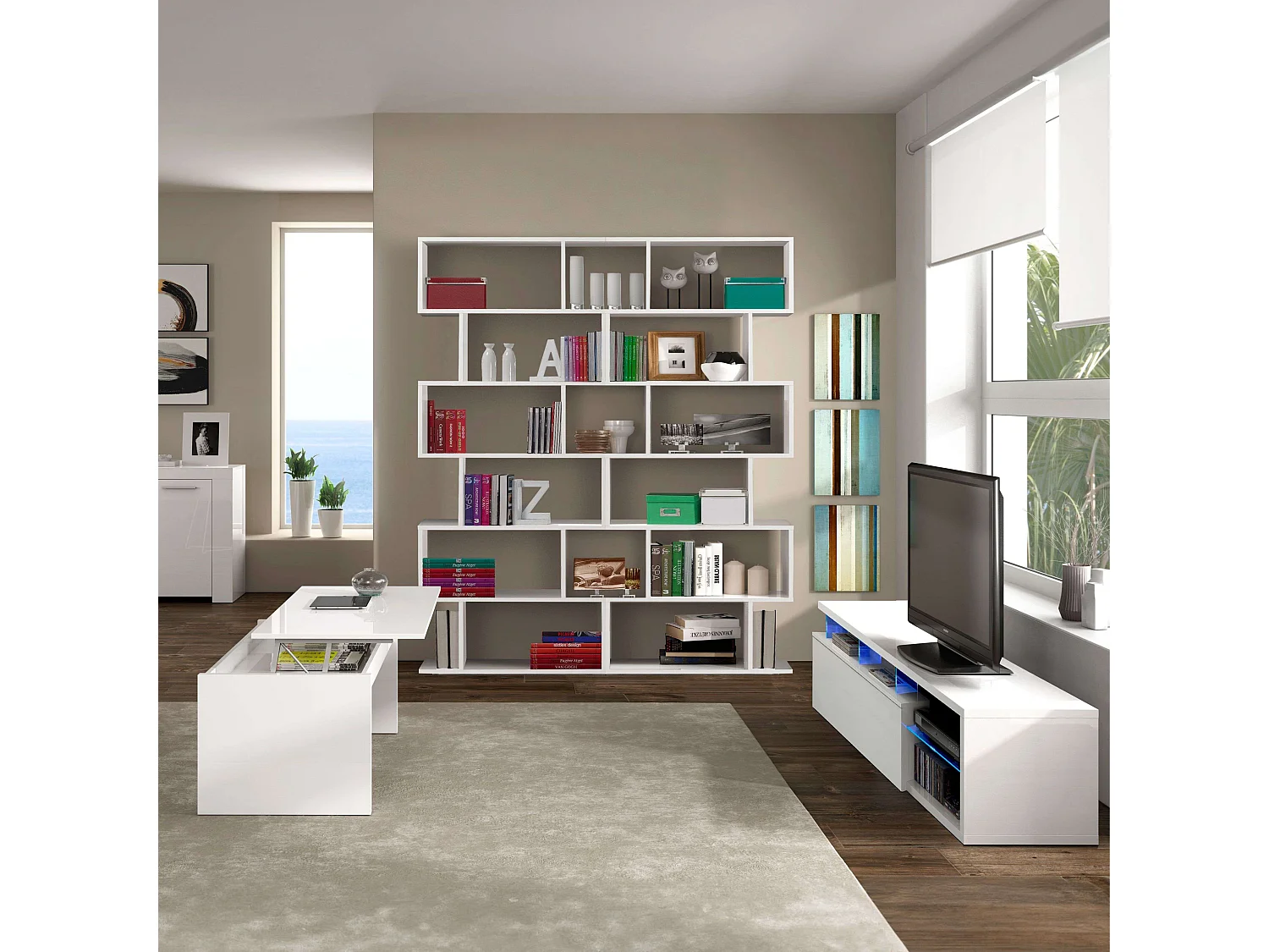 Pack Muebles Salón Santorini: Mesa TV, 2 Estanterías, Mesa Centro Elevable