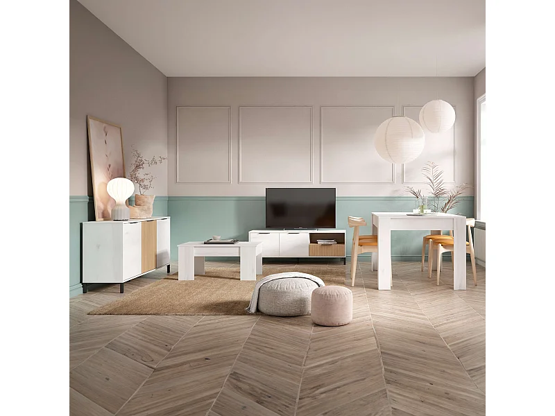 Pack Muebles Salón Tokio Estilo Nórdico Blanco Albo y Roble Rayado