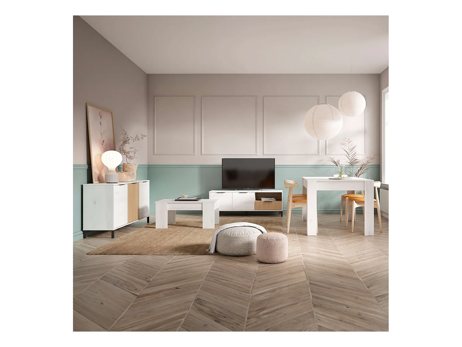 Pack Muebles Salón Tokio Estilo Nórdico Blanco Albo y Roble Rayado