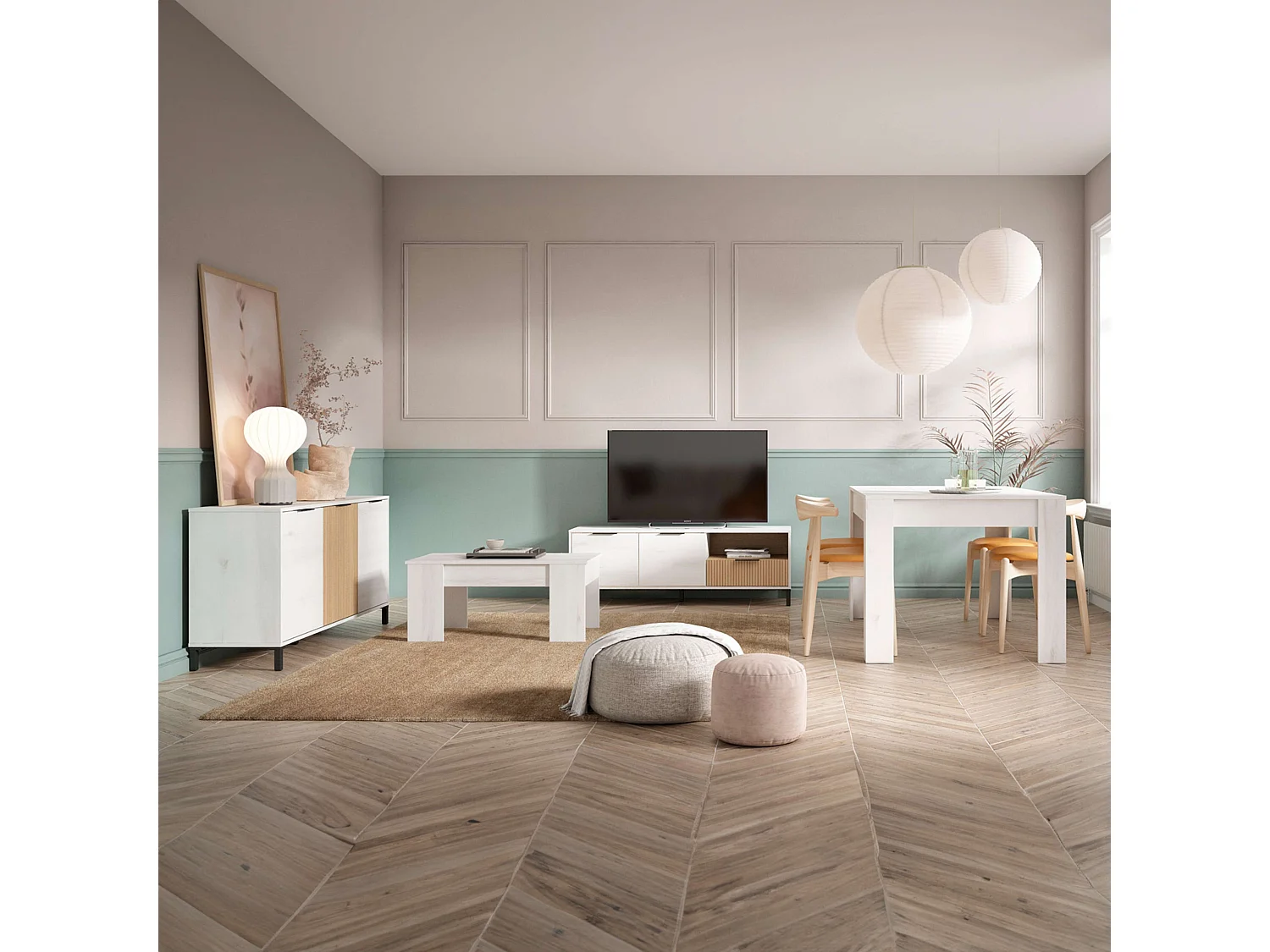 Pack Muebles Salón Tokio Estilo Nórdico Blanco Albo y Roble Rayado