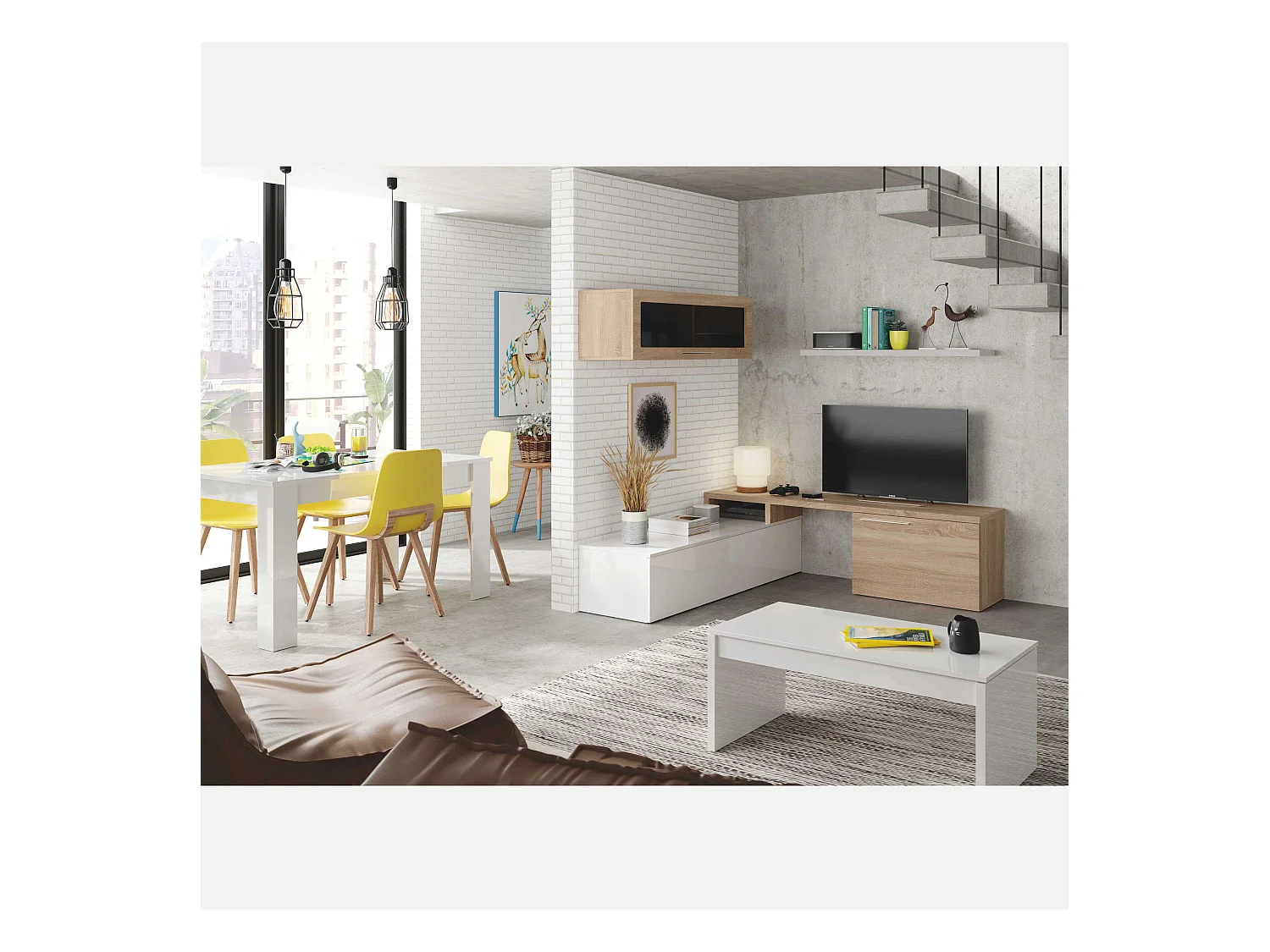 Pack 3 muebles salón blanco brillo y roble canadian