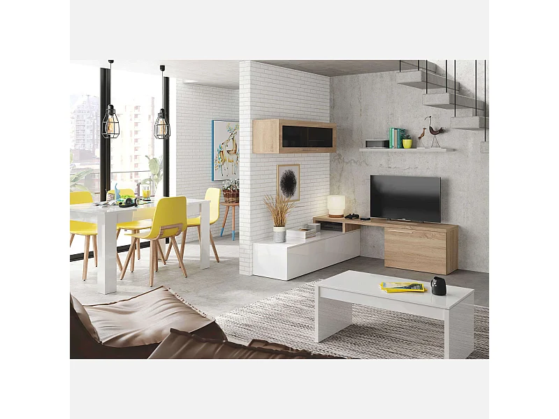 Pack 3 muebles salón blanco brillo y roble canadian