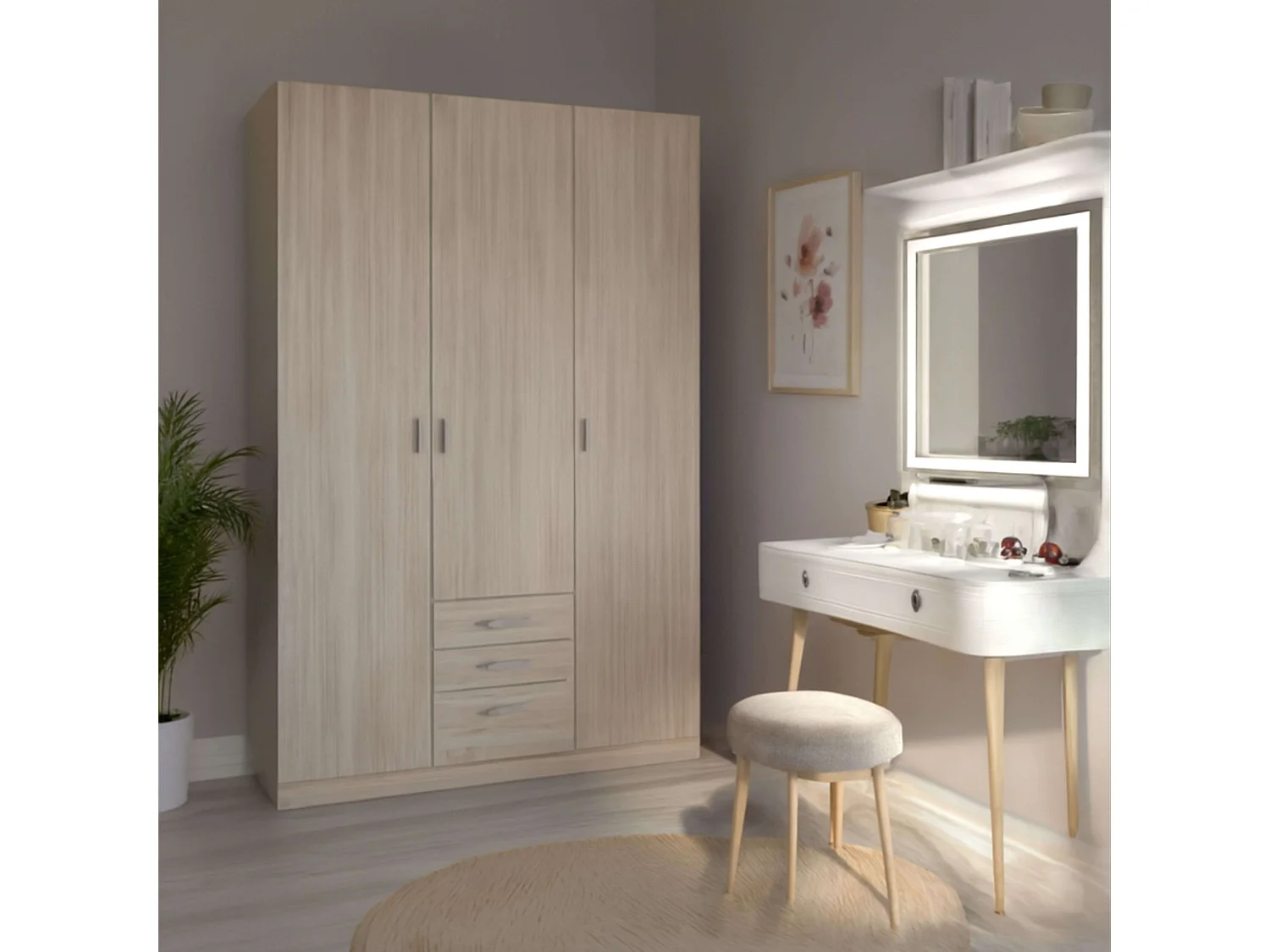 Armario ropero Roma 3 puertas 3 cajones color sahara 150x215 cm