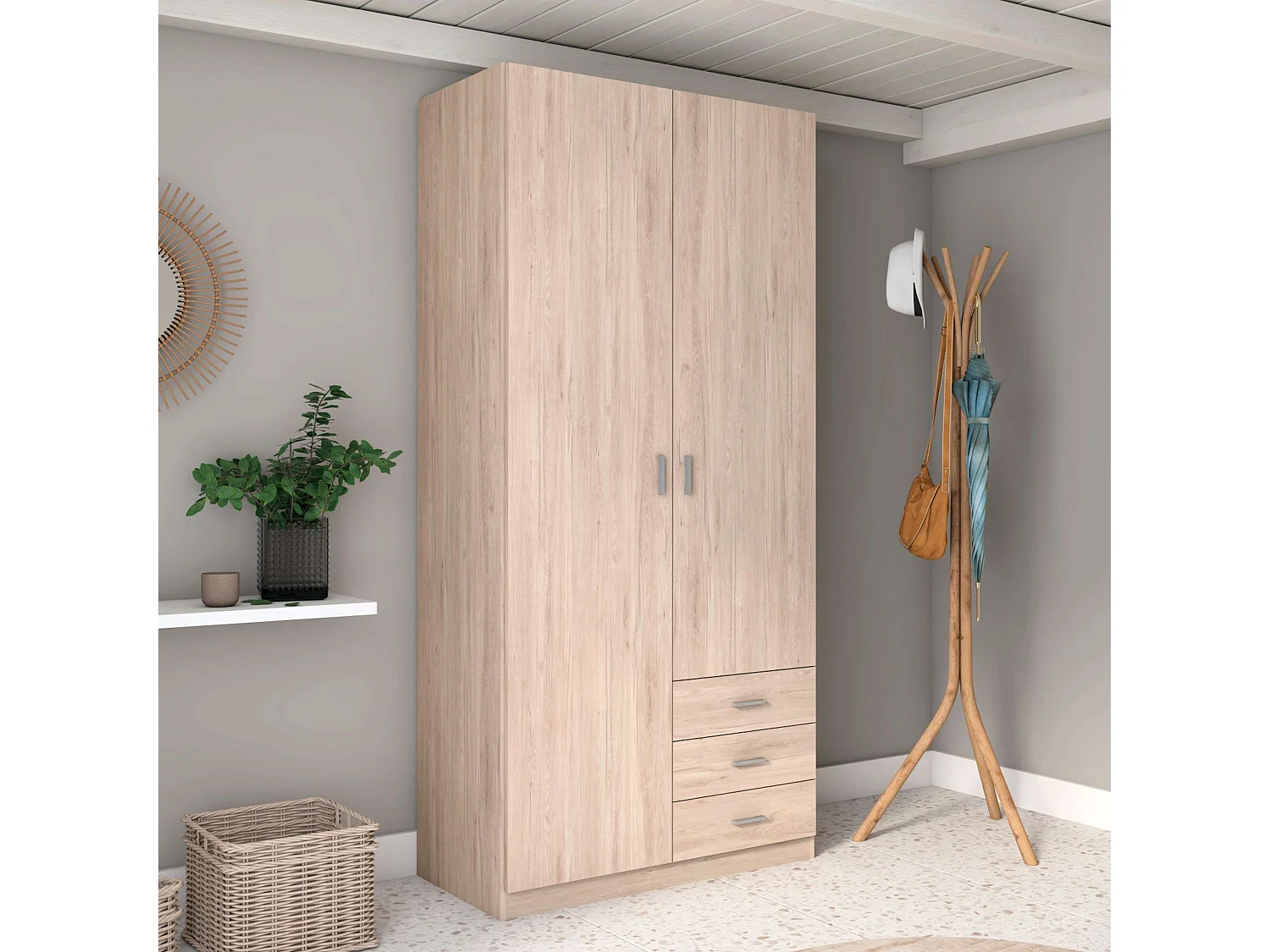 Armario Roma 2 puertas 3 cajones dormitorio color sahara moderno 216x100x53 cm