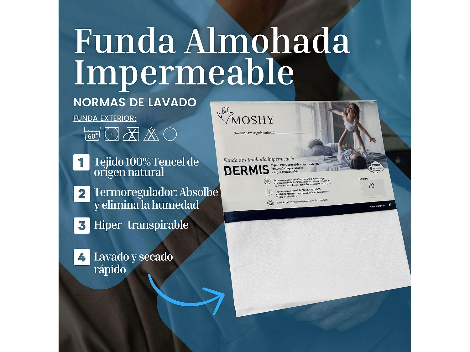 Funda Almohada Dermis Blanco Individual Antiácaros Transpirable PU 105 cm