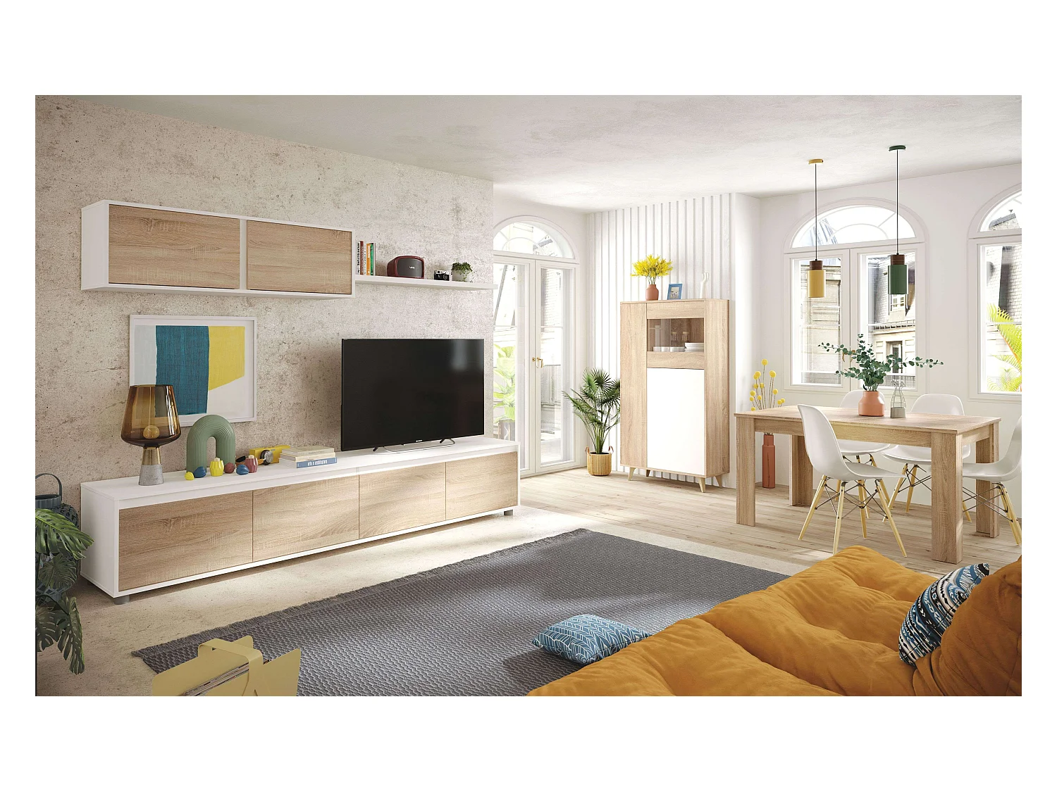 Pack Muebles Salón Moderno Blanco Mate y Roble Canadian