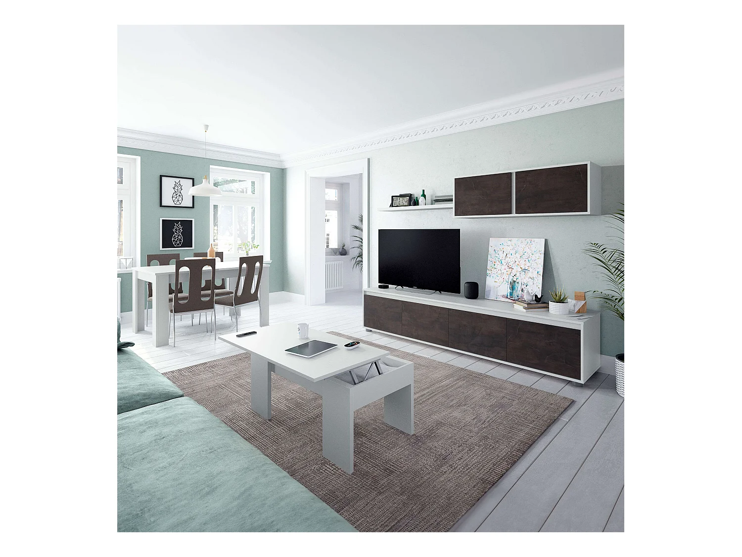 Pack Muebles Salón Industrial Blanco Óxido: Módulo TV, Mesa Centro и Comedor