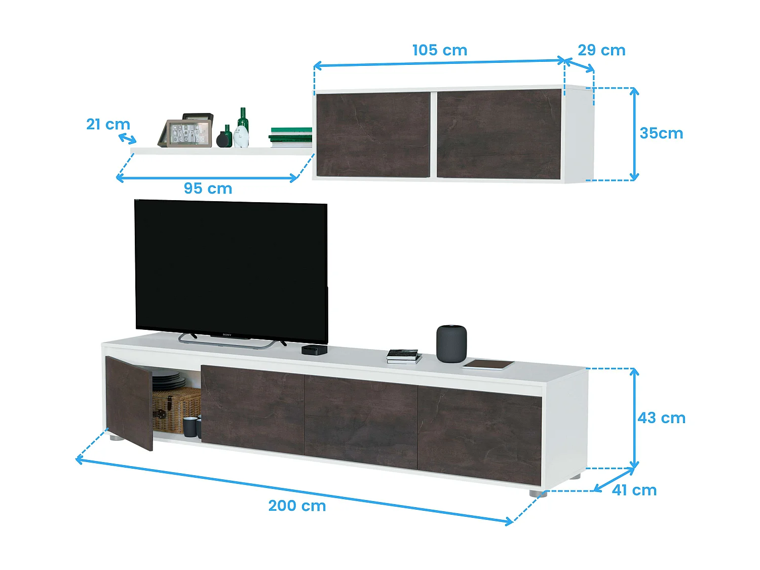 Pack Muebles Salón Industrial Blanco Óxido: Módulo TV, Mesa Centro и Comedor