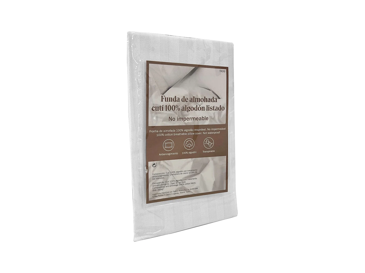 Funda almohada blanca 100% algodón antiencogimiento 75x40 cm con cremallera