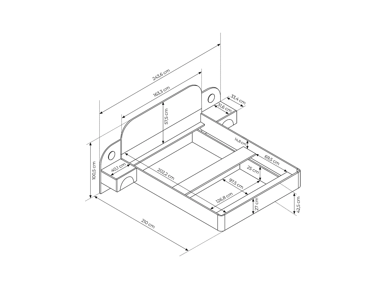 Lit coffre 160 x 200 cm - Avec chevets et LEDs - Coloris : Beige et Naturel - DARTAGNO