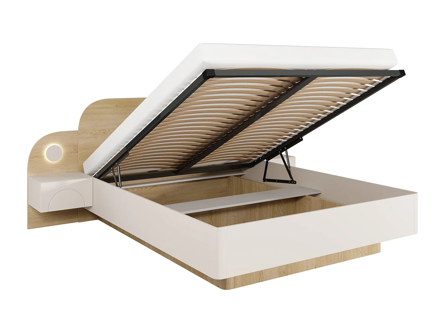 Łóżko ze skrzynią 160 x 200 cm - Z szafkami nocnymi i LEDami - Kolor: Beżowy i Naturalny - DARTAGNO