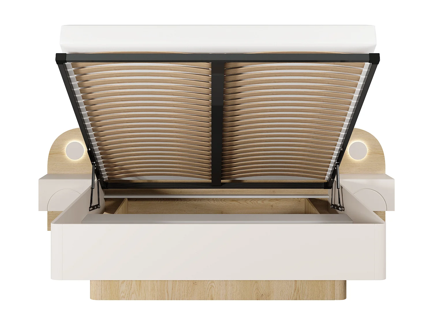 Łóżko ze skrzynią 160 x 200 cm - Z szafkami nocnymi i LEDami - Kolor: Beżowy i Naturalny - DARTAGNO