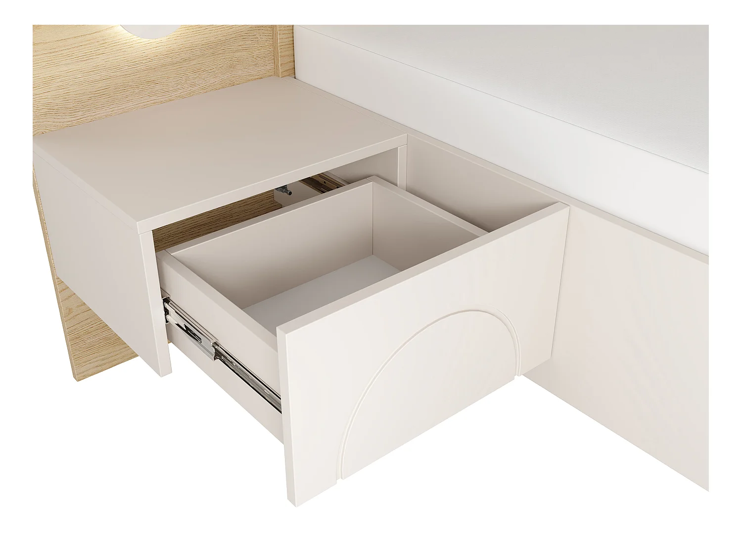 Lit coffre 160 x 200 cm - Avec chevets et LEDs - Coloris : Beige et Naturel + Matelas - DARTAGNO