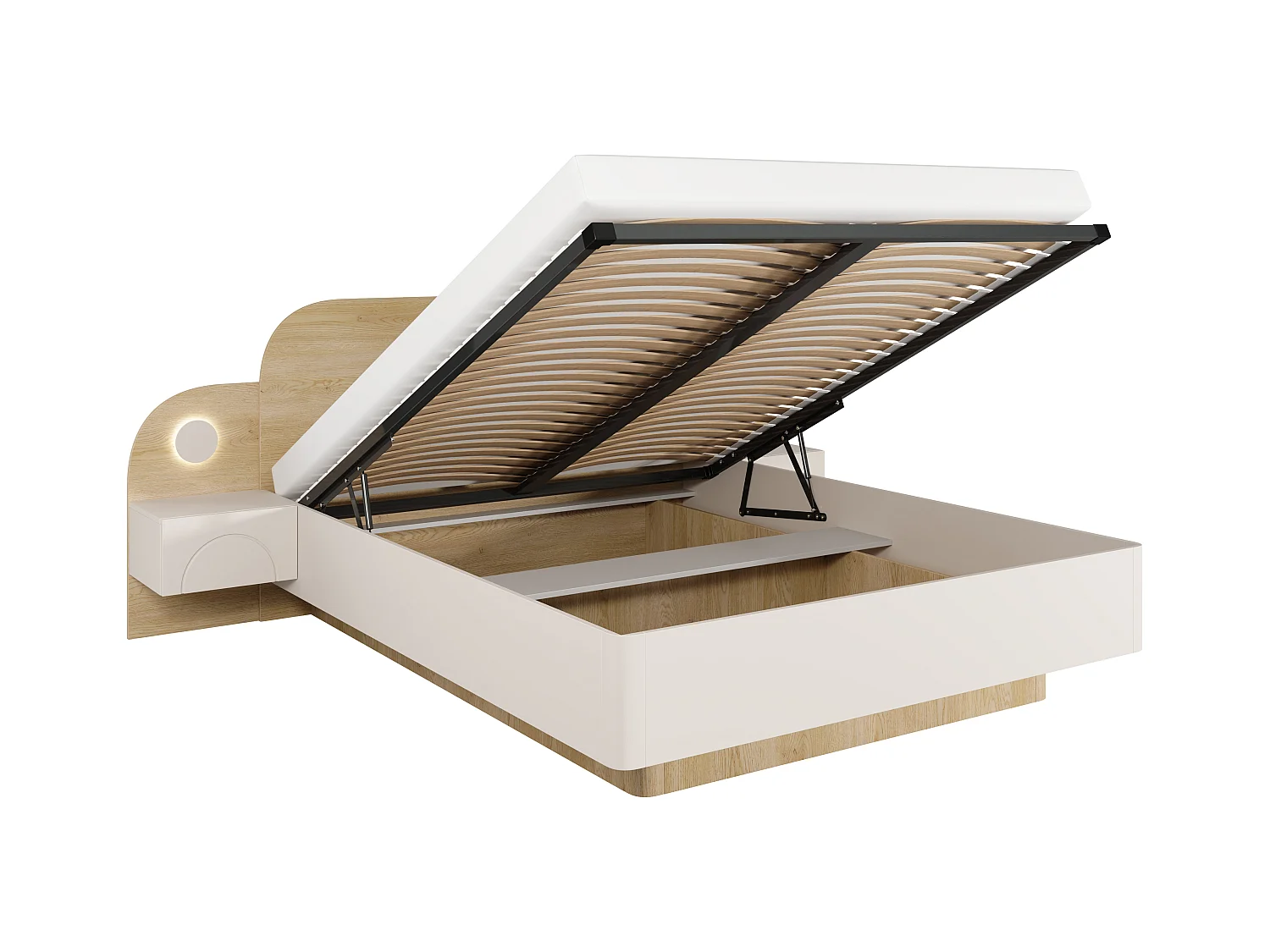 Lit coffre 160 x 200 cm - Avec chevets et LEDs - Coloris : Beige et Naturel + Matelas - DARTAGNO