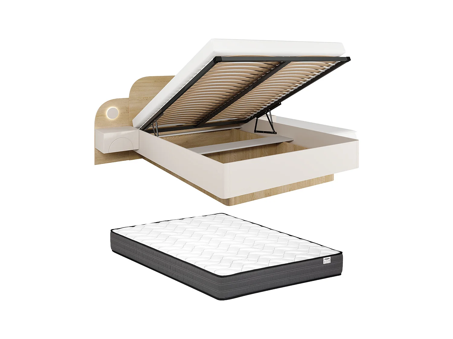 Lit coffre 160 x 200 cm - Avec chevets et LEDs - Coloris : Beige et Naturel + Matelas - DARTAGNO