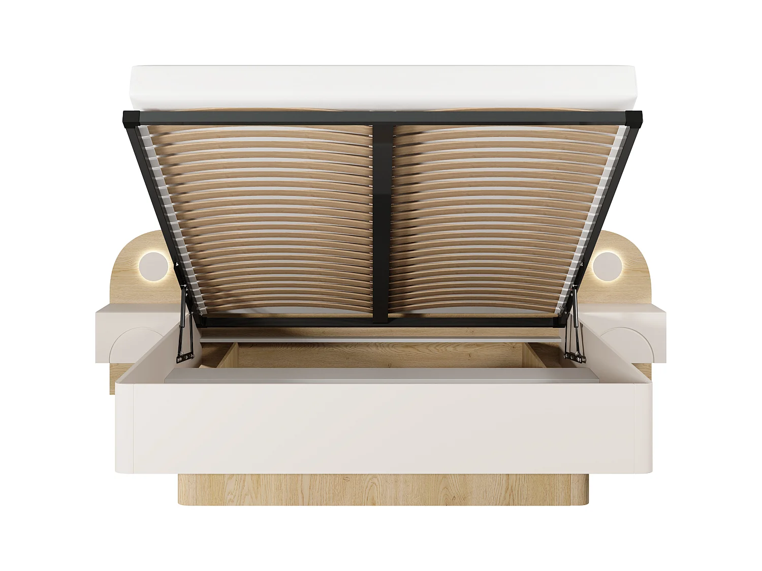 Lit coffre 160 x 200 cm - Avec chevets et LEDs - Coloris : Beige et Naturel + Matelas - DARTAGNO