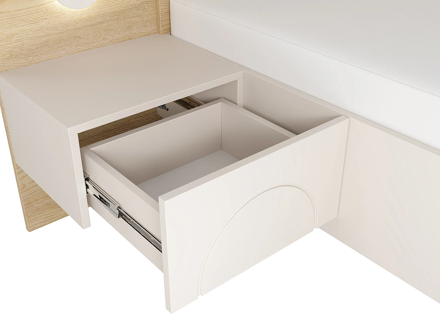 Łóżko ze skrzynią 160 x 200 cm - Z szafkami nocnymi i LEDami - Kolor: Beżowy i Naturalny + Materac - DARTAGNO