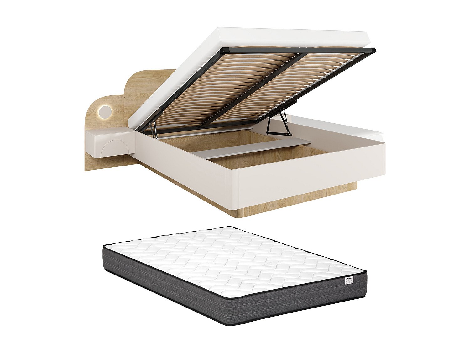 Bettkasten 160 x 200 cm - Mit Nachttischen und LEDs - Beige und Naturholz + günstig online kaufen