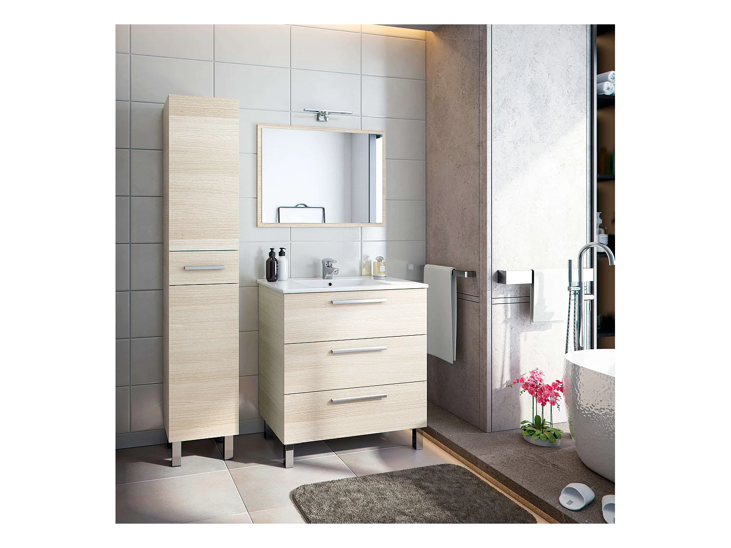 Colonne de salle de bain Athena Nat 2 portes 1 tiroir Chêne 182x35x31cm