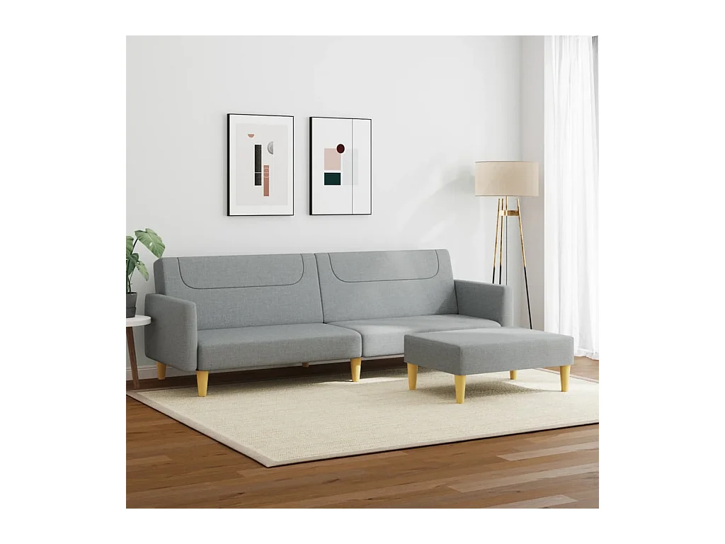 2-zits slaapbank met voetenbank in lichtgrijze stof