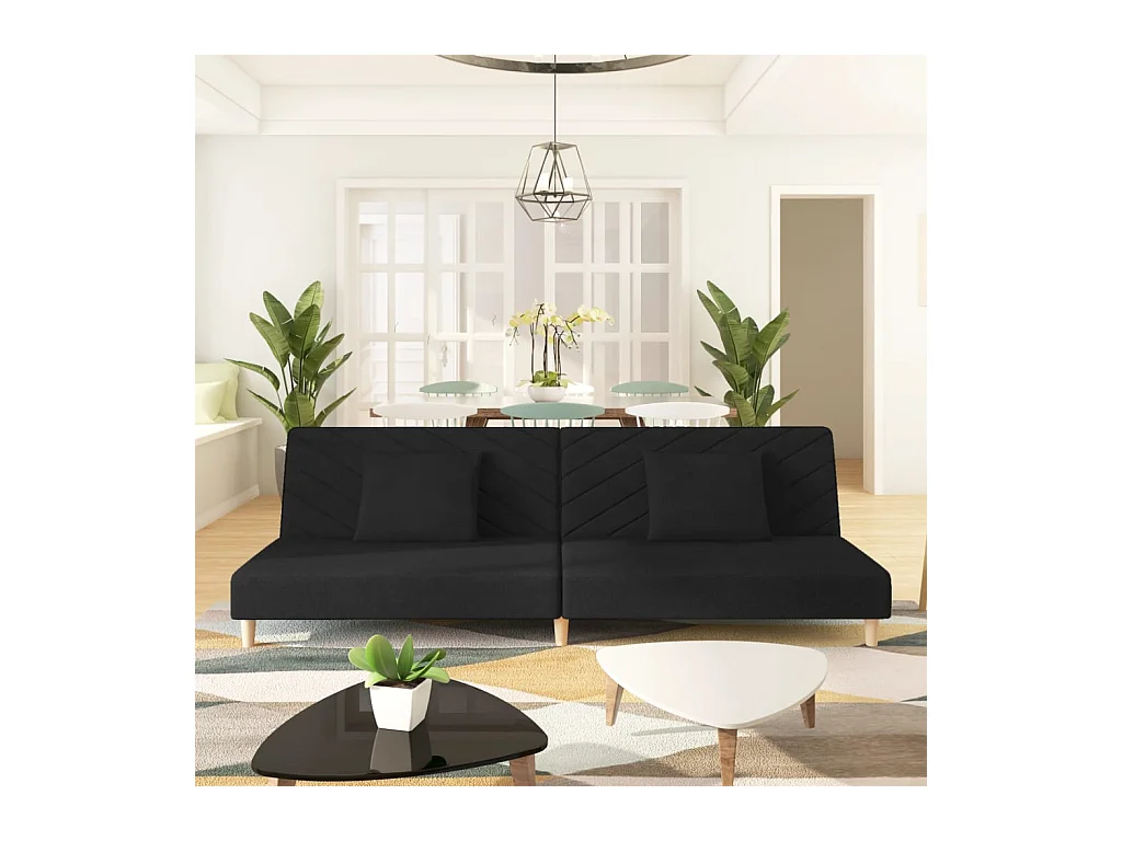 2-zits slaapbank met twee zwarte stoffen kussens